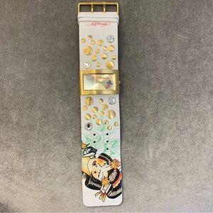 Ed Hardy white rhinestone gold studded thick band rectangular face watch🇨🇦